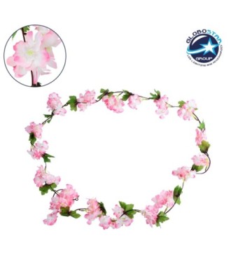 GloboStar® 78100 Τεχνητό Κρεμαστό Φυτό Διακοσμητική Γιρλάντα Λουλουδιών με 18 Ροζ Λευκά Άνθη Κερασιάς & Πράσινο Φύλλωμα M20 x Υ220 x Π20cm